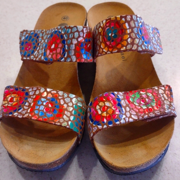 Eric Michael Liat Tan Mosaic Leather Wedge Dual Strap Slide Sandal Size 40/9 EUC - Picture 5 of 10